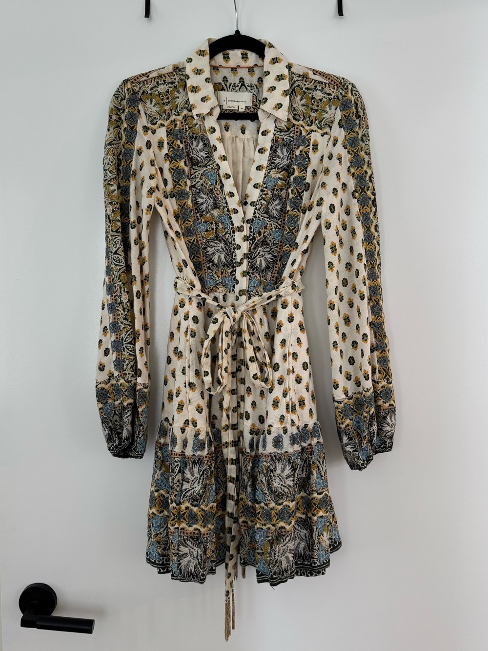 Anthropologie Cream Floral-Print Tie-Waist Long Sleeve Dress